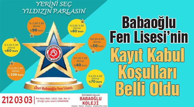 Babaoğlu Fen Lisesi'nin Kayıt Kabul Koşulları Belli Oldu