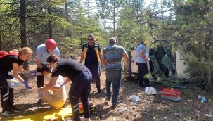 Karaman'da hafif ticari araç çam ağaçlarına çarparak devrildi: 5 yaralı 
