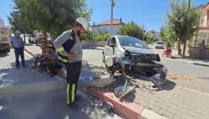 Kediye çarpmamak için manevra yapan sürücünün otomobili aydınlatma direğini devirdi