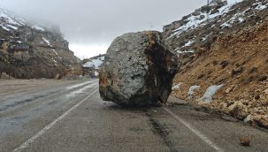 Karaman'da yola dev kaya düştü 